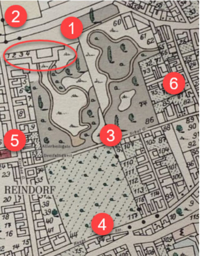 Auf diesem Plan von 1819 ist das Arnsteinsche Anwesen zu sehen. Der Eingang befand sich in der heutigen Schwendergasse (1); Mariahilfer Straße (2); Schulgasse = Herklotzgasse (3); Sechshauser Straße (4); Kirchengasse = Reindorfgasse (5). Bildquelle: Plan 1819 J. Orth, Bezirksmuseum Rudolfsheim-Fünfhaus