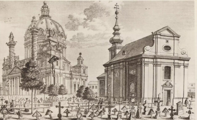 Salomon Kleiner: Karlskirche, Bürgerspitalfriedhof und Rochuskapelle, um 1737. Wien Museum, InvNr. 48120/4