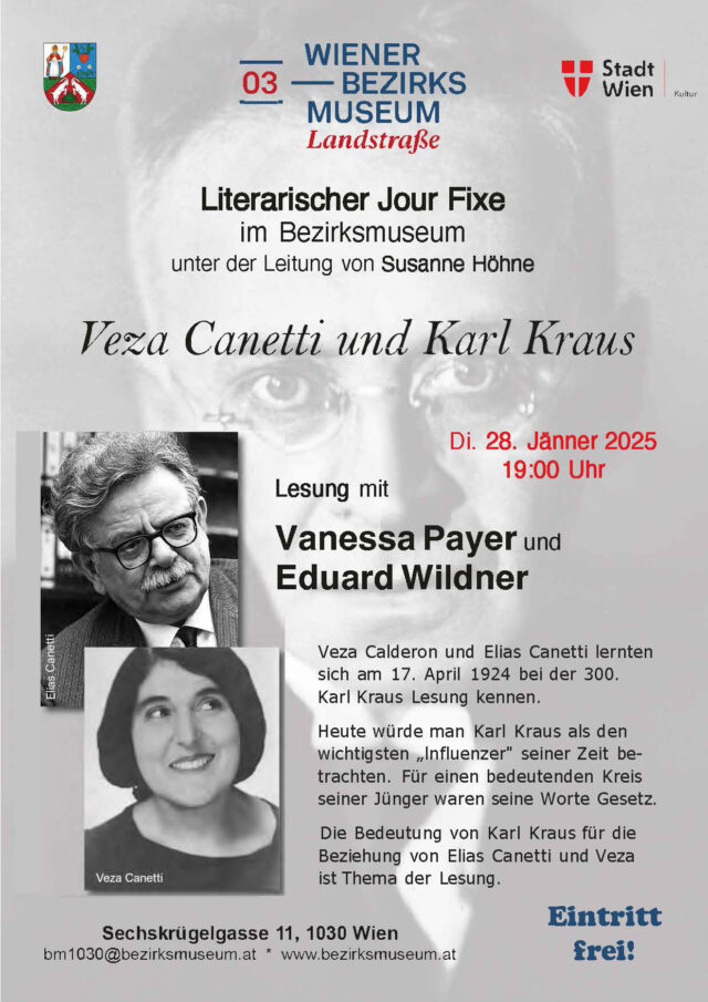 Veranstaltung: Literatischer Jour Fixe, Veza Canetti und Karl Kraus, Bezirksmuseum Landstraße